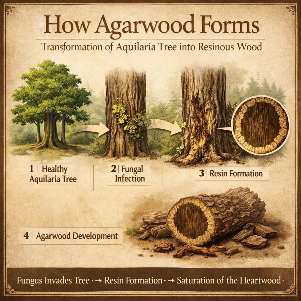 Illustrated stages of agarwood formation: a healthy Aquilaria tree, infection, resin formation and resinous heartwood