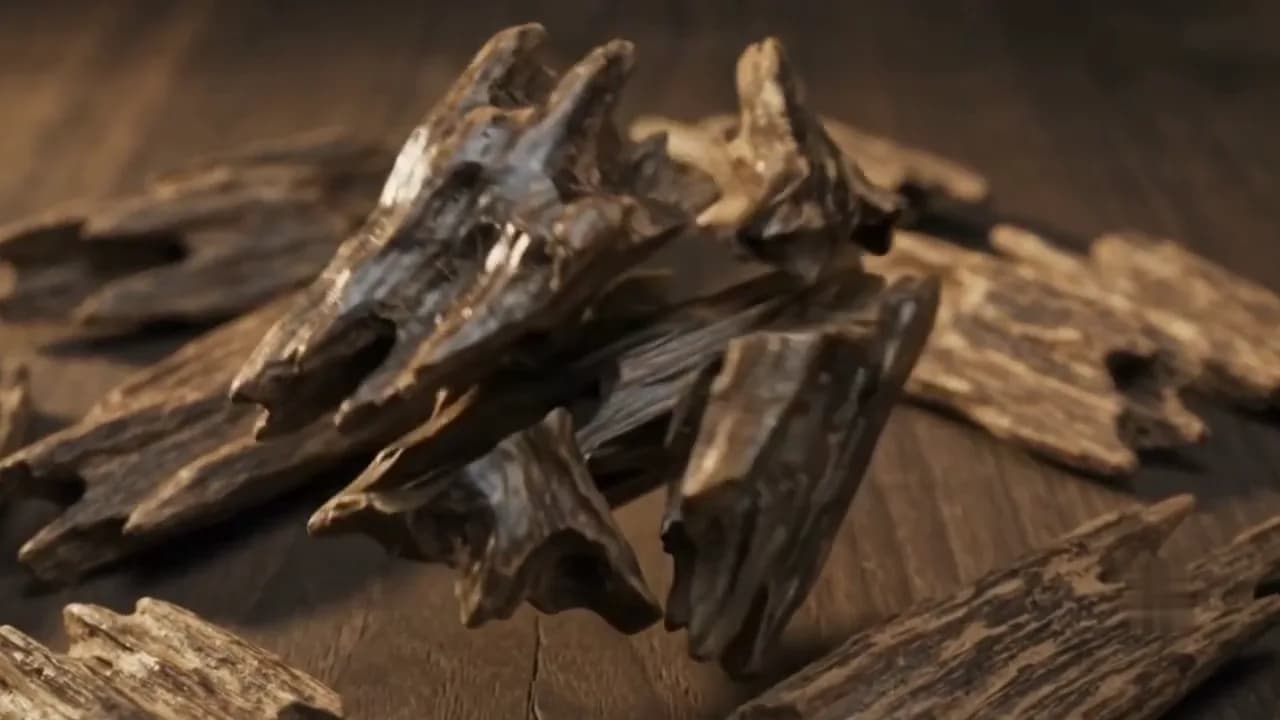 Pieces of resinous agarwood on a dark wooden surface