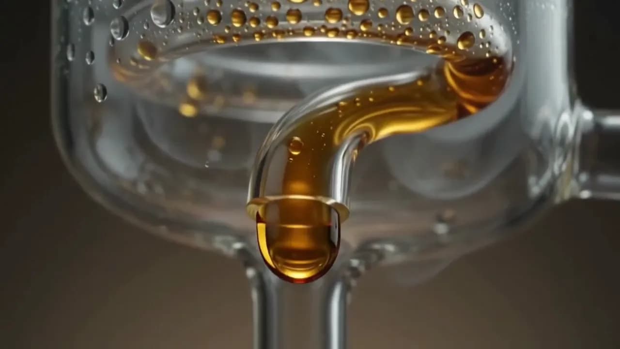 Golden oil flowing from a glass condenser